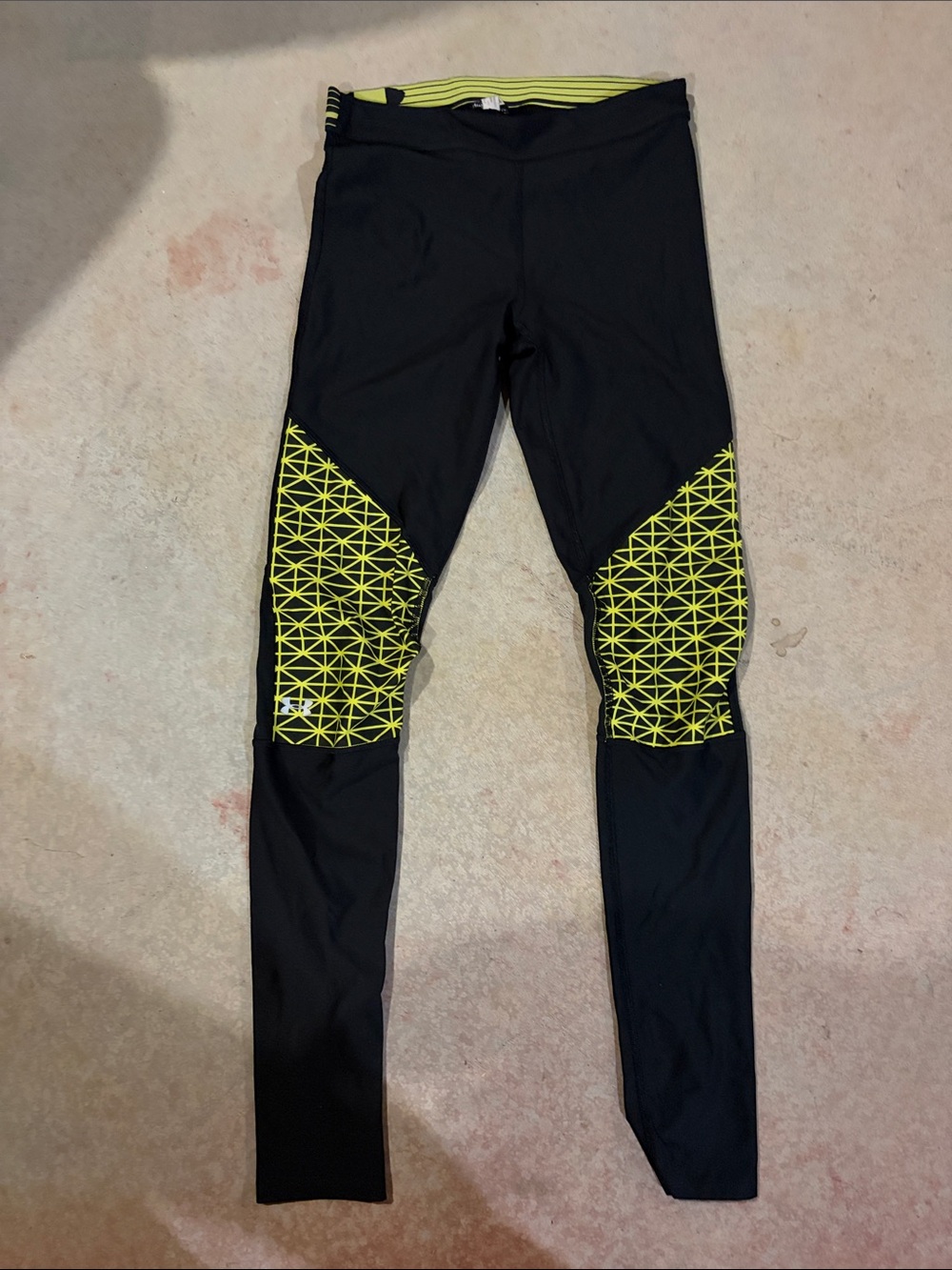 Under Armour Black Leggings with Neon Yellow Geometric Knee Panels